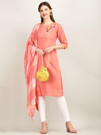 PEACH Maslin 2 tone straight kurti with dupatta 1 side butta N0
