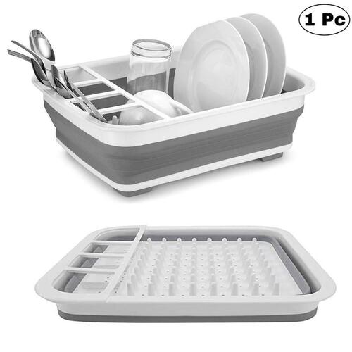 COLLAPSIBLE FOLDING SILICONE DISH DRYING DRAINER RACK WITH SPOON FORK KNIFE STORAGE HOLDER