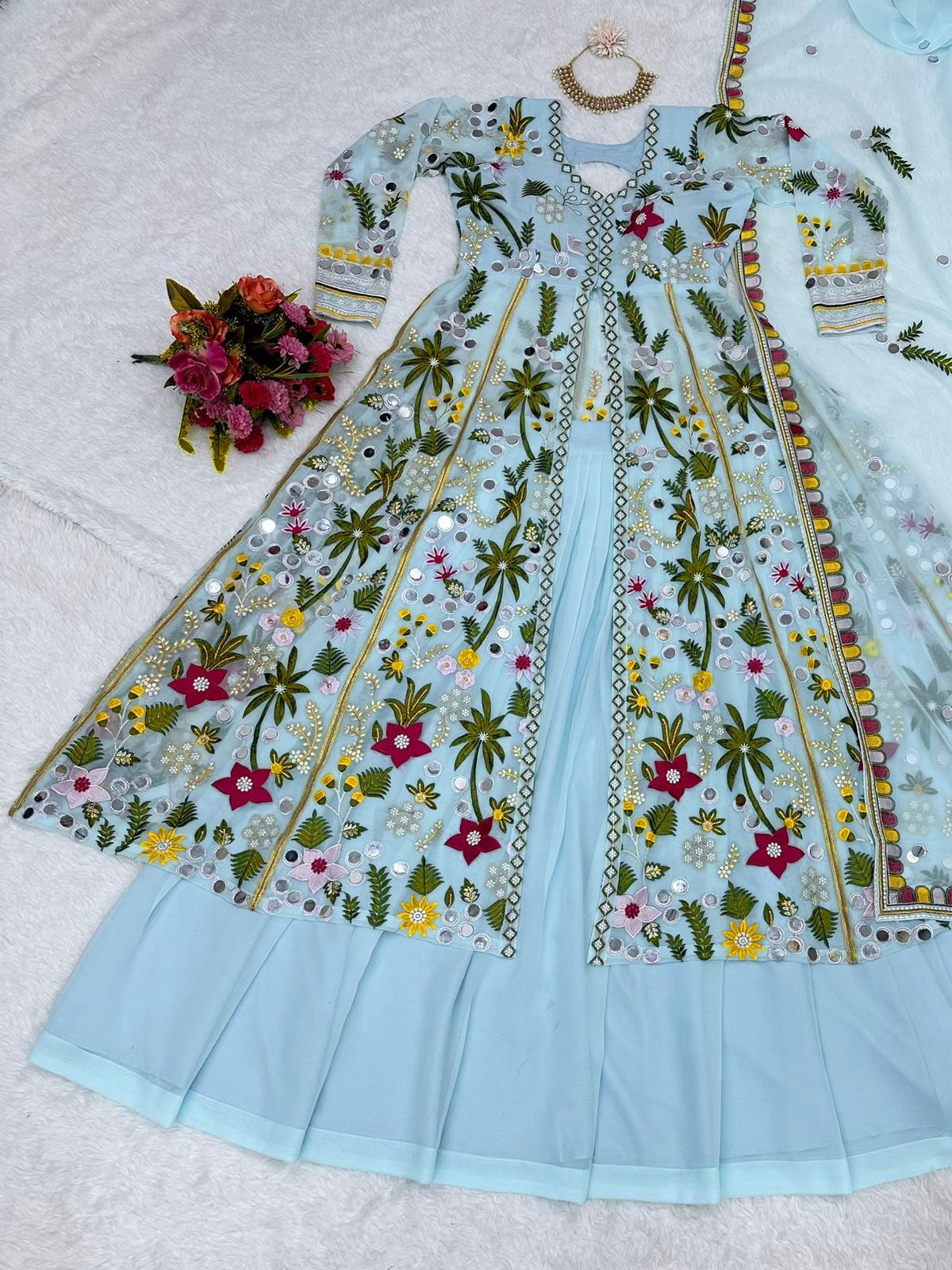 Gorgette Embroidery With Real Mirror Work Suit