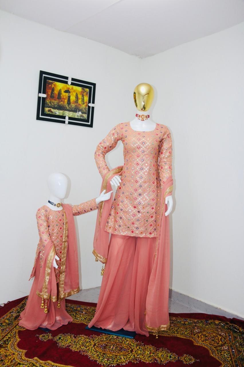 GORGETTE WITH EMBROIDERY DOUBLE SIQUNCE AND MIRROR PEPAR WORK SUIT