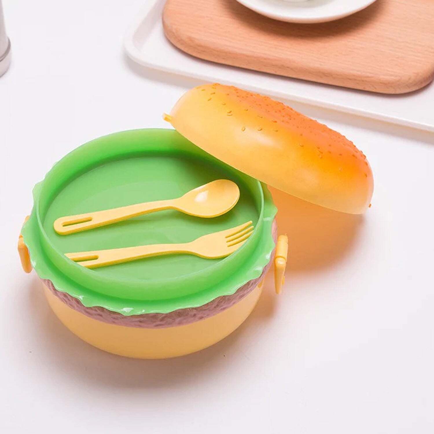 BURGER SHAPE LUNCH BOX PLASTIC LUNCH BOX FOOD CONTAINER SETS DOUBLE LAYER LUNCHBOX 1000ML WITH 2 SPOON APPLICABLE TO KIDS AND ELEMENTARY SCHOOL STUDENTS (5313)