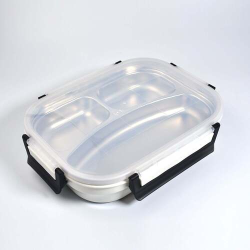 WHITE TRANSPARENT LUNCH BOX FOR KIDS AND ADULTS STAINLESS STEEL LUNCH BOX WITH 3 COMPARTMENTS (2980)