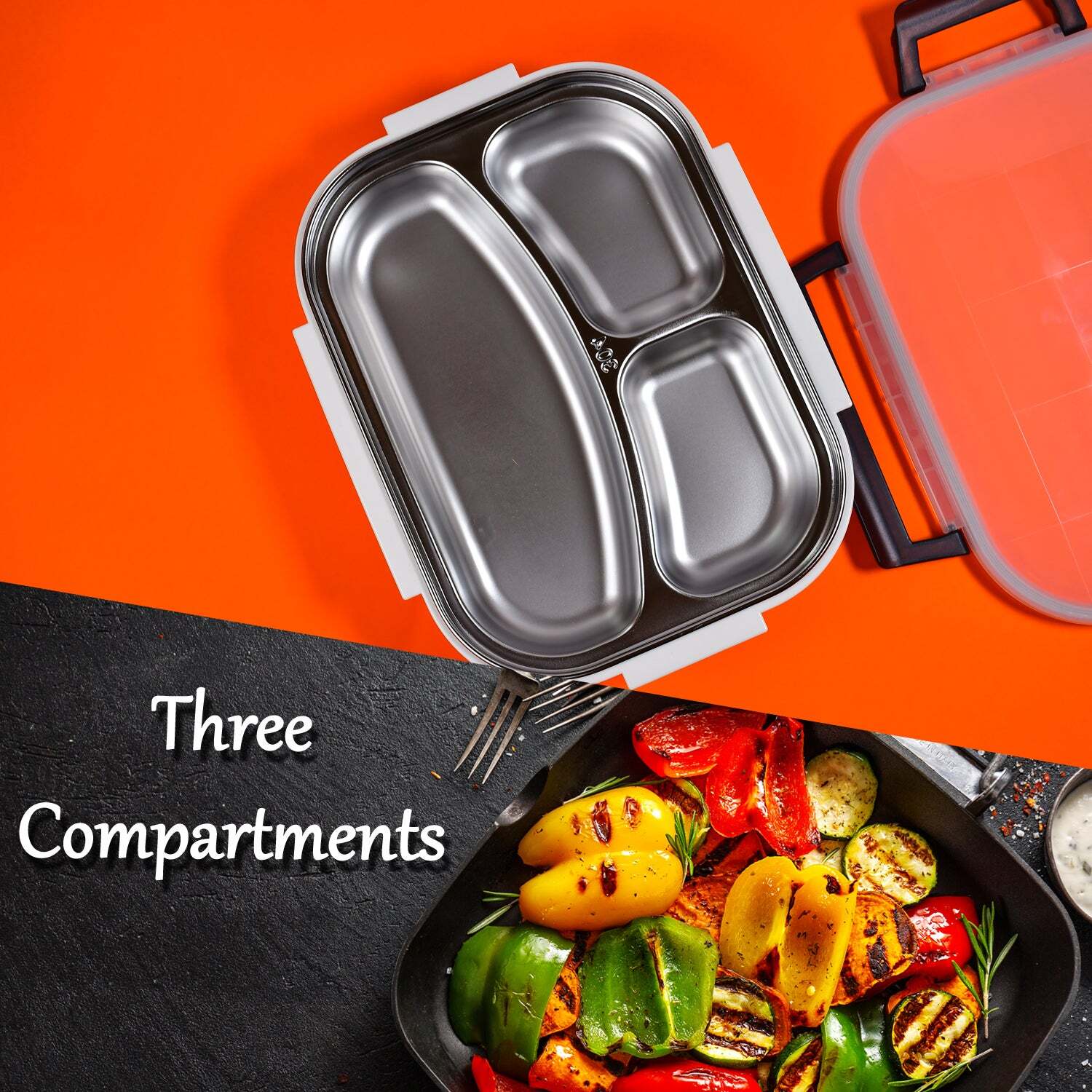 WHITE TRANSPARENT LUNCH BOX FOR KIDS AND ADULTS STAINLESS STEEL LUNCH BOX WITH 3 COMPARTMENTS (2980)