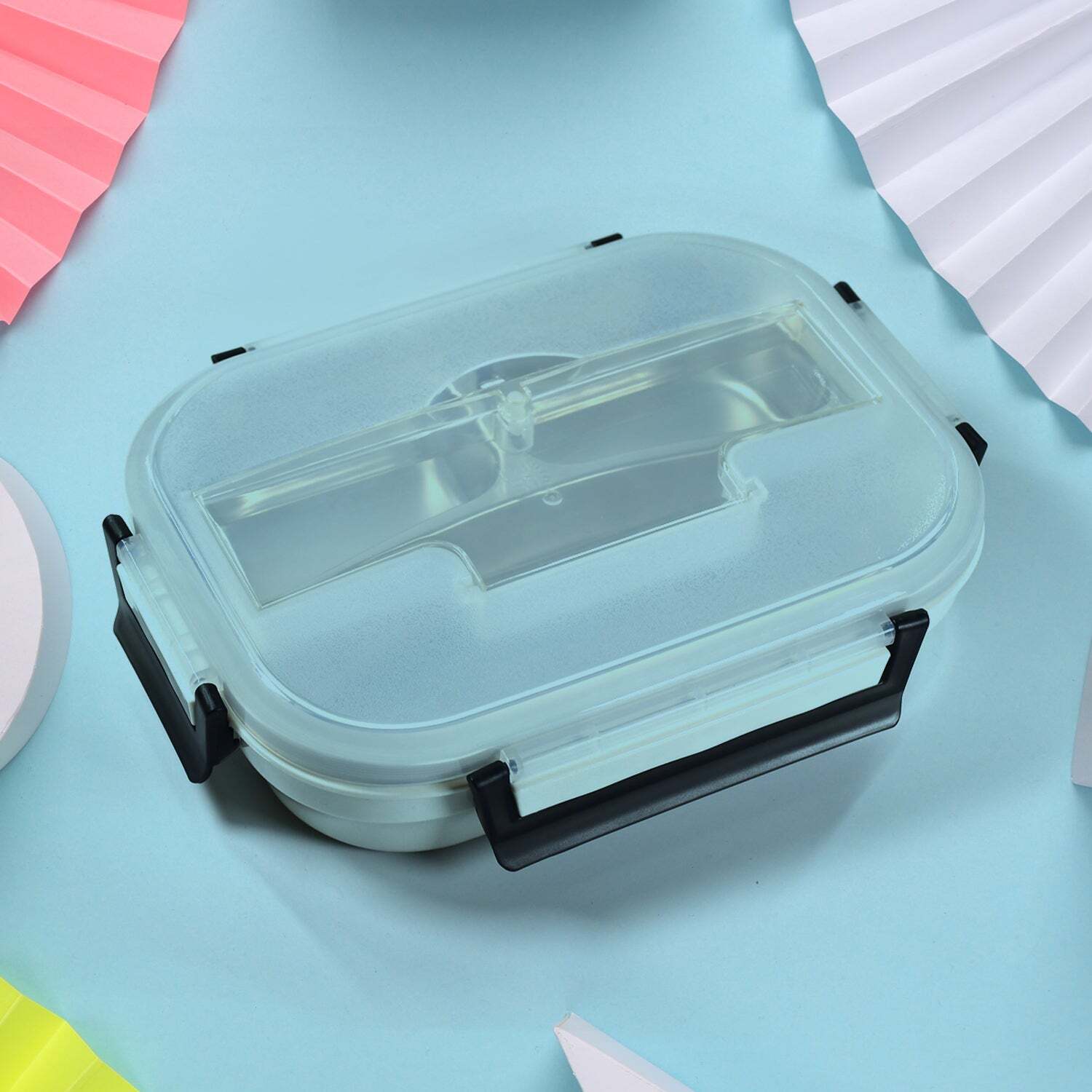 LUNCH BOX FOR KIDS AND ADULTS STAINLESS STEEL LUNCH BOX WITH 3 COMPARTMENTS WITH SPOON SLOT (2977)