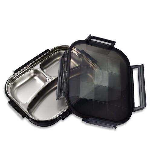 BLACK TRANSPARENT LUNCH BOX FOR KIDS AND ADULTS STAINLESS STEEL LUNCH BOX WITH 3 COMPARTMENTS (2976)