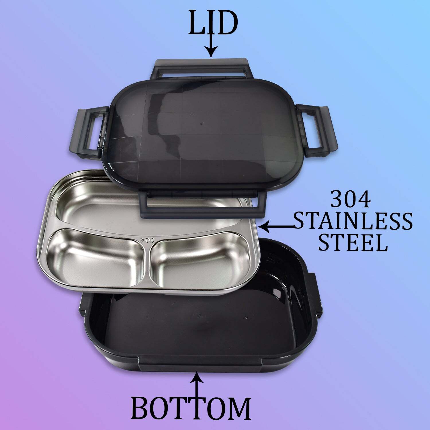 BLACK TRANSPARENT LUNCH BOX FOR KIDS AND ADULTS STAINLESS STEEL LUNCH BOX WITH 3 COMPARTMENTS (2976)