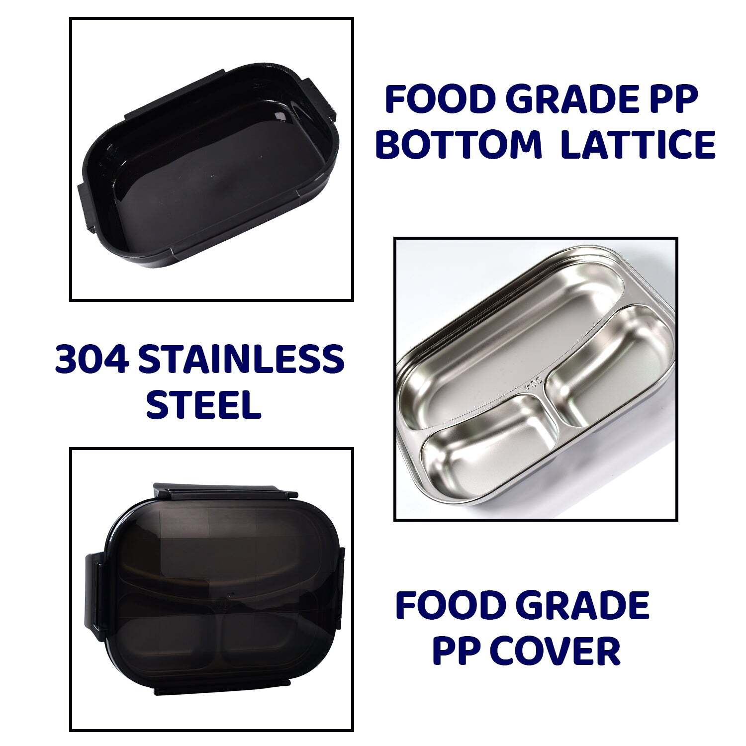 BLACK TRANSPARENT LUNCH BOX FOR KIDS AND ADULTS STAINLESS STEEL LUNCH BOX WITH 3 COMPARTMENTS (2976)