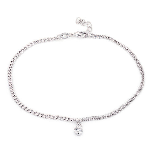 Double Layered Chain And Hanging Stone Silver Anklet