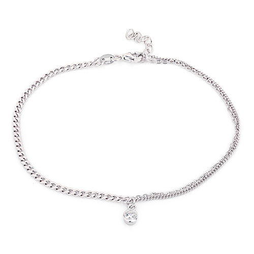 Double Layered Chain And Hanging Stone Silver Anklet Size: Customized