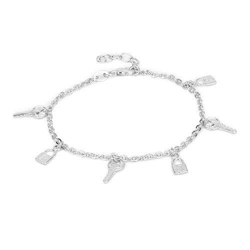 Dangling Lock And Key Charm Silver Bracelet