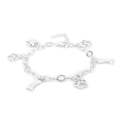 Fashion Hanging Multi Dog Paw And Bones Silver Bracelet