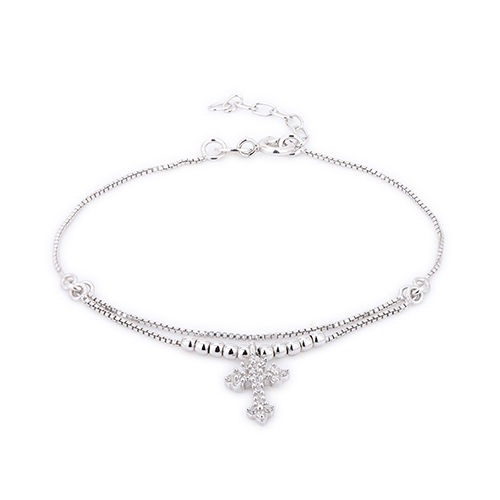 Modern Hanging Florentine Cross Beaded Chain Silver Bracelet