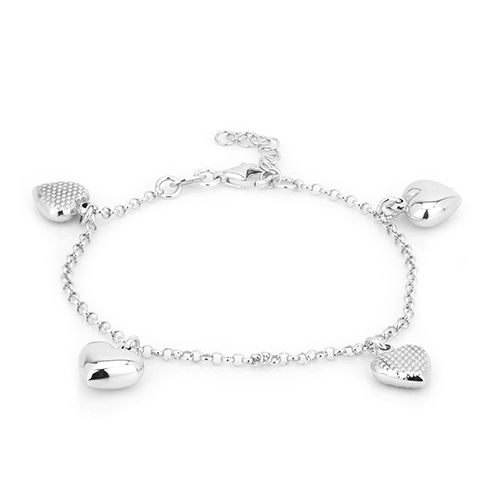 Dangling Puffed Heart Charm Silver Bracelets