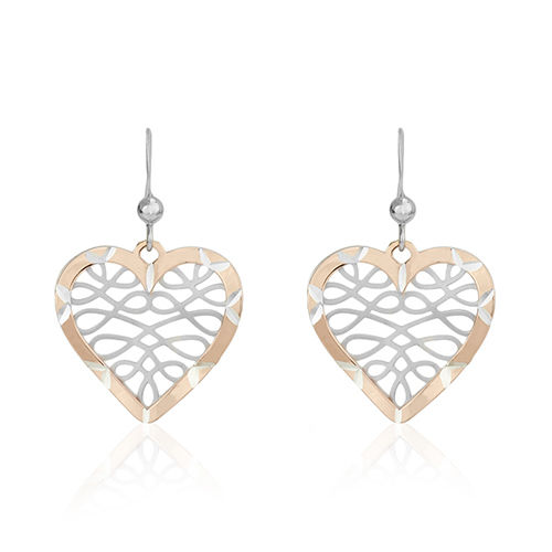 Two Tone Filigree Heart Drop Silver Earrings