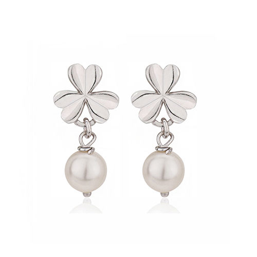 Clover And Dangling Swarovski Pearl Silver Earring