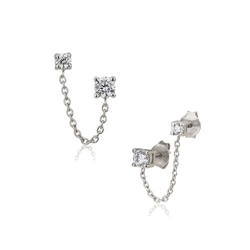 Light Weight Double Stud Chain Silver Earring