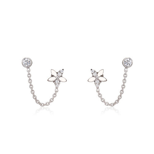 Floral Accent Chain Earlobe Stud Silver Earring