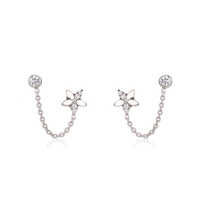 Floral Accent Chain Earlobe Stud Silver Earring