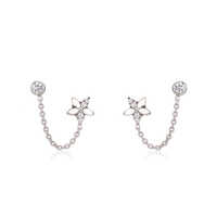 Floral Accent Chain Earlobe Stud Silver Earring