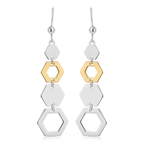 Open And Close Graduated Hexagon Silver Earrings