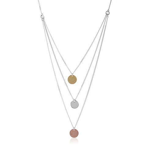 Three Tone Multi Layer Disc Silver Necklace Size: Different Available