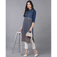 Printed Kurti - Cotton, M-L-XL-XXL Sizes, Vibrant Blue Color, Calf Length, 3/4th Sleeves, Lightweight & Breathable Ethnic Style, Elegant Printed Design