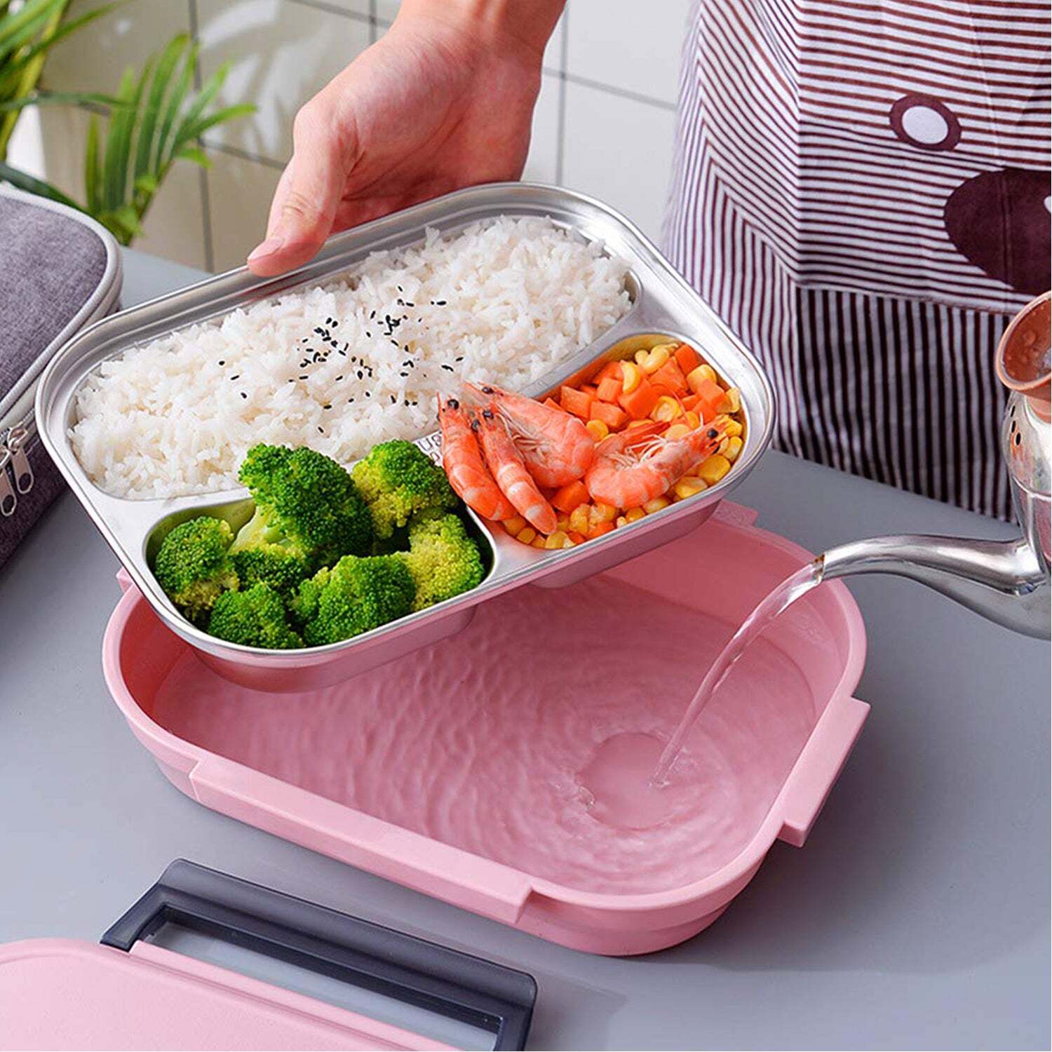LUNCH BOX FOR KIDS AND ADULTS STAINLESS STEEL LUNCH BOX WITH 3 COMPARTMENTS (2975)