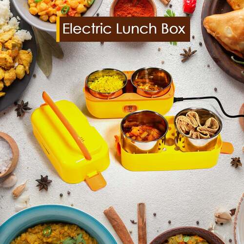 Yellow 2Layer Electric Lunch Box For Office Portable Lunch Warmer With Removable 4 Stainless Steel Container (2944)