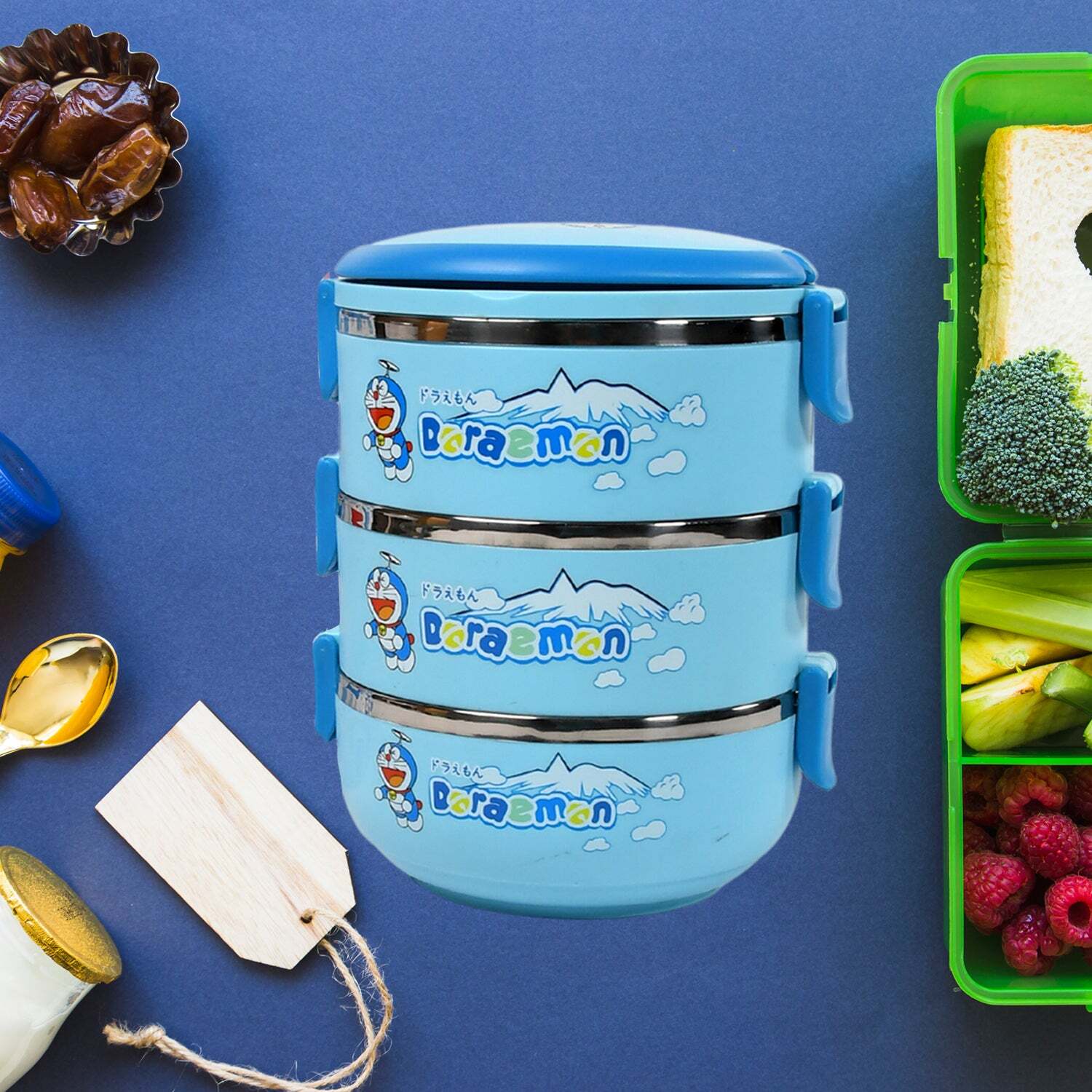 3 LAYER DORAEMON LUNCH BOX TIFFIN HIGH QUALITY STEEL LUNCH BOX 3 LAYER TIFFIN FOR SCHOOL OFFICE and TRAVELING USE (2872)