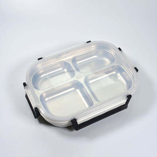 WHITE TRANSPARENT 4 COMPARTMENT LUNCH BOX FOR KIDS AND ADULTS STAINLESS STEEL LUNCH BOX WITH 4 COMPARTMENTS (2043)