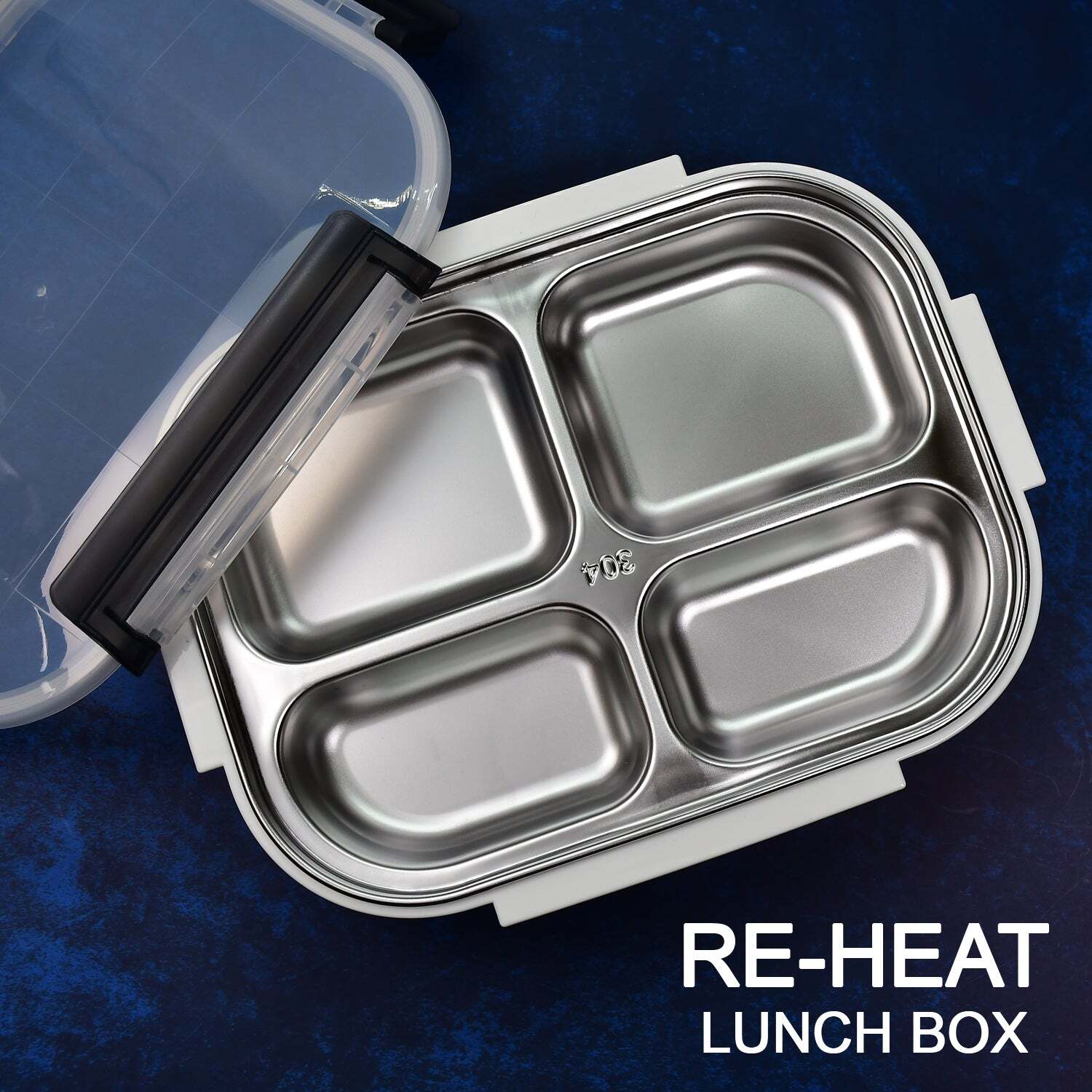 WHITE TRANSPARENT 4 COMPARTMENT LUNCH BOX FOR KIDS AND ADULTS STAINLESS STEEL LUNCH BOX WITH 4 COMPARTMENTS (2043)