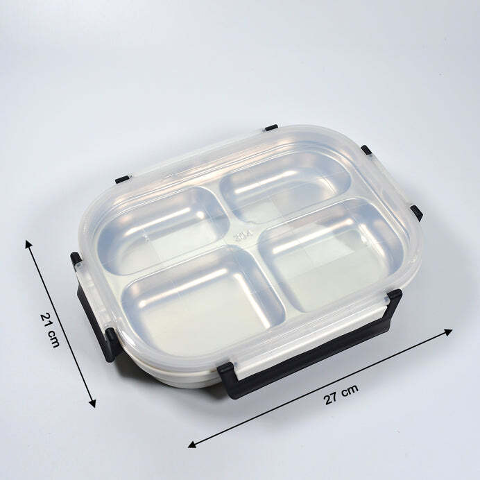 WHITE TRANSPARENT 4 COMPARTMENT LUNCH BOX FOR KIDS AND ADULTS STAINLESS STEEL LUNCH BOX WITH 4 COMPARTMENTS (2043)
