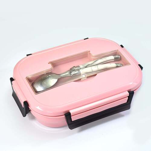 PINK LUNCH BOX FOR KIDS AND ADULTS STAINLESS STEEL LUNCH BOX WITH 3 COMPARTMENTS WITH SPOON SLOT (2041)