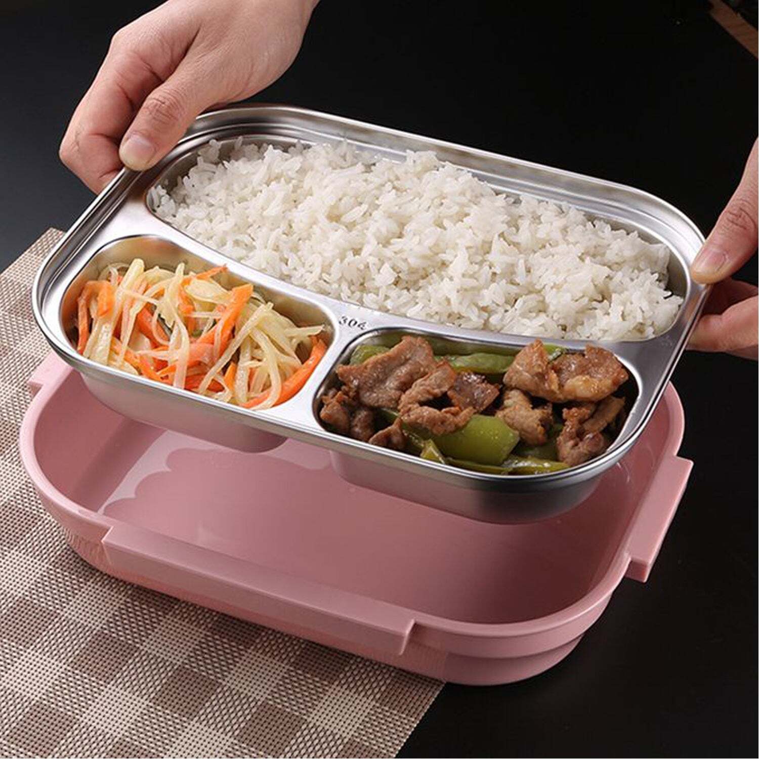 PINK LUNCH BOX FOR KIDS AND ADULTS STAINLESS STEEL LUNCH BOX WITH 3 COMPARTMENTS WITH SPOON SLOT (2041)