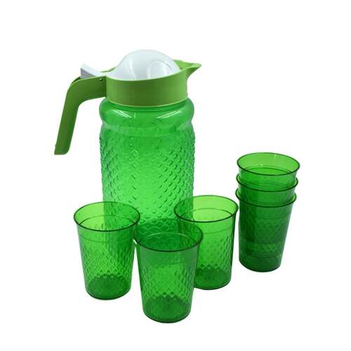 UNBREAKABLE PLASTIC DRINKING WATER/JUICE JUG AND 6 PIECES GLASS (ASSORTED COLOR) (3724A)