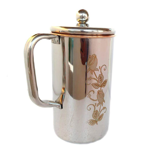 Tamrapatra Pure Copper Water Pitcher Flower Print Outside Stainless Steel Inside Copper Jug