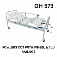 Oh 573 Fowlers Cot With Wheels And Aluminium Railings - Mild Steel Frame, 1420x760x600 Mm, White/blue | Manual Crank Adjustment, Collapsible Aluminium Railings, Perforated Crca Steel Platform, Swivel Castors With Brakes