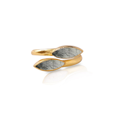 Black Rutile Gemstone Marquise Shape Gold Vermeil Bezel Set Ring