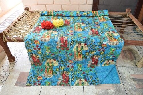 100% Cotton Frida Khalo Bed Cover Hand Made Kantha Quilt