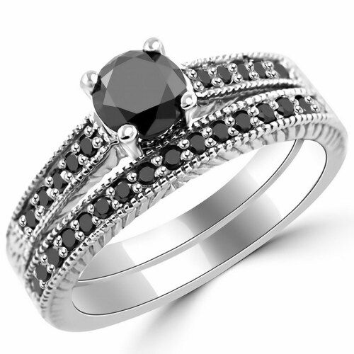 Black Diamond Engagement Ring Set Vintage Style 1.20 Ct 10K White Gold Diamond Clarity: Vs1