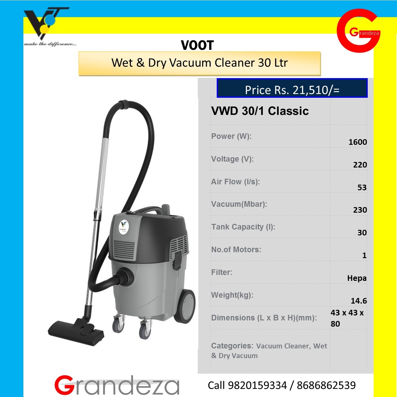 VOOT 30 Ltrs Classic Wet n Dry Vacuum Cleaner