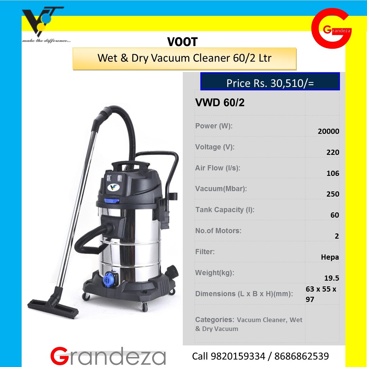 VOOT 60 Ltrs Wet n Dry Vacuum Cleaner