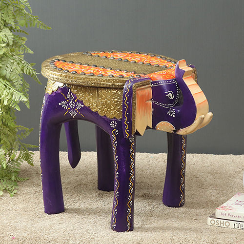 Violet Hand Painted With Brass Metal Elephant Stool Indoor Furniture