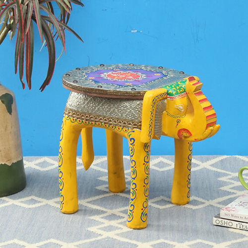 Yellow Hand Painted With Brass Elephant Stool