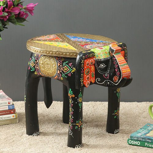 Black Hand Painted With Brass Metal Elephant Stool