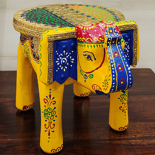 Yellow Hand Painted With Brass Metal Elephant Stool