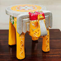 Yellow Silver Hand Painted With Brass Metal Elephant Stool