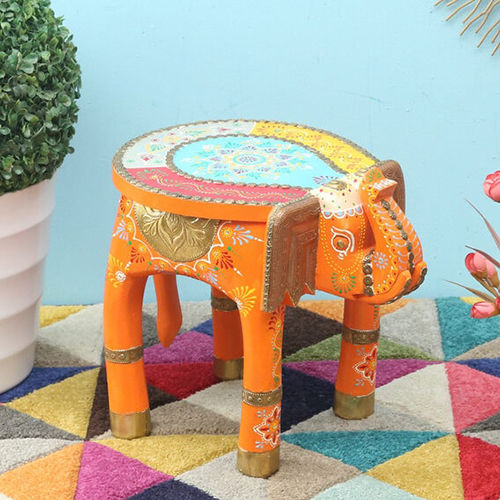 Orange Hand Painted With Brass Elephant Stool Indoor Furniture