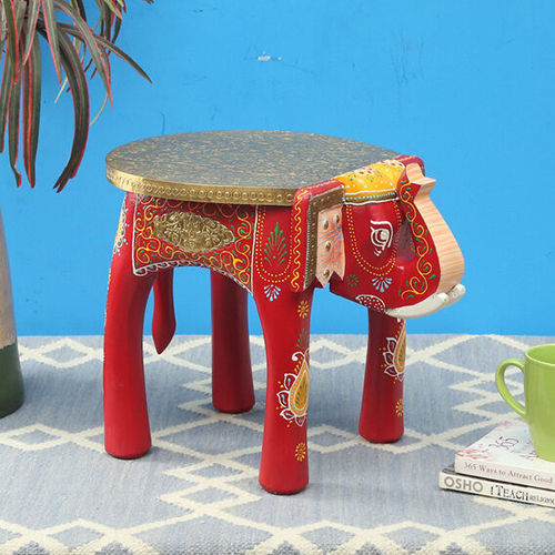 Red Hand Painted With Brass Elephant Stool Indoor Furniture