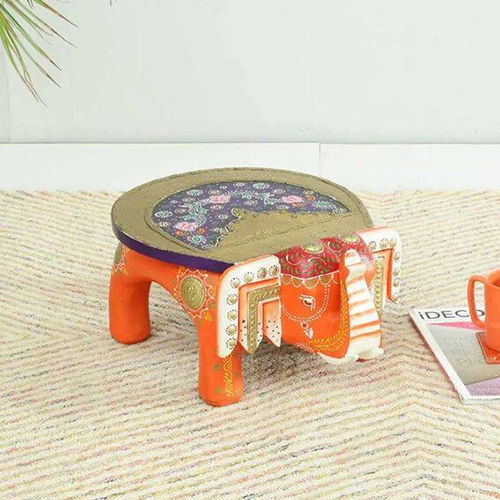 Orange Hand Painted With Brass Metal Elephant Stool (Low Height)